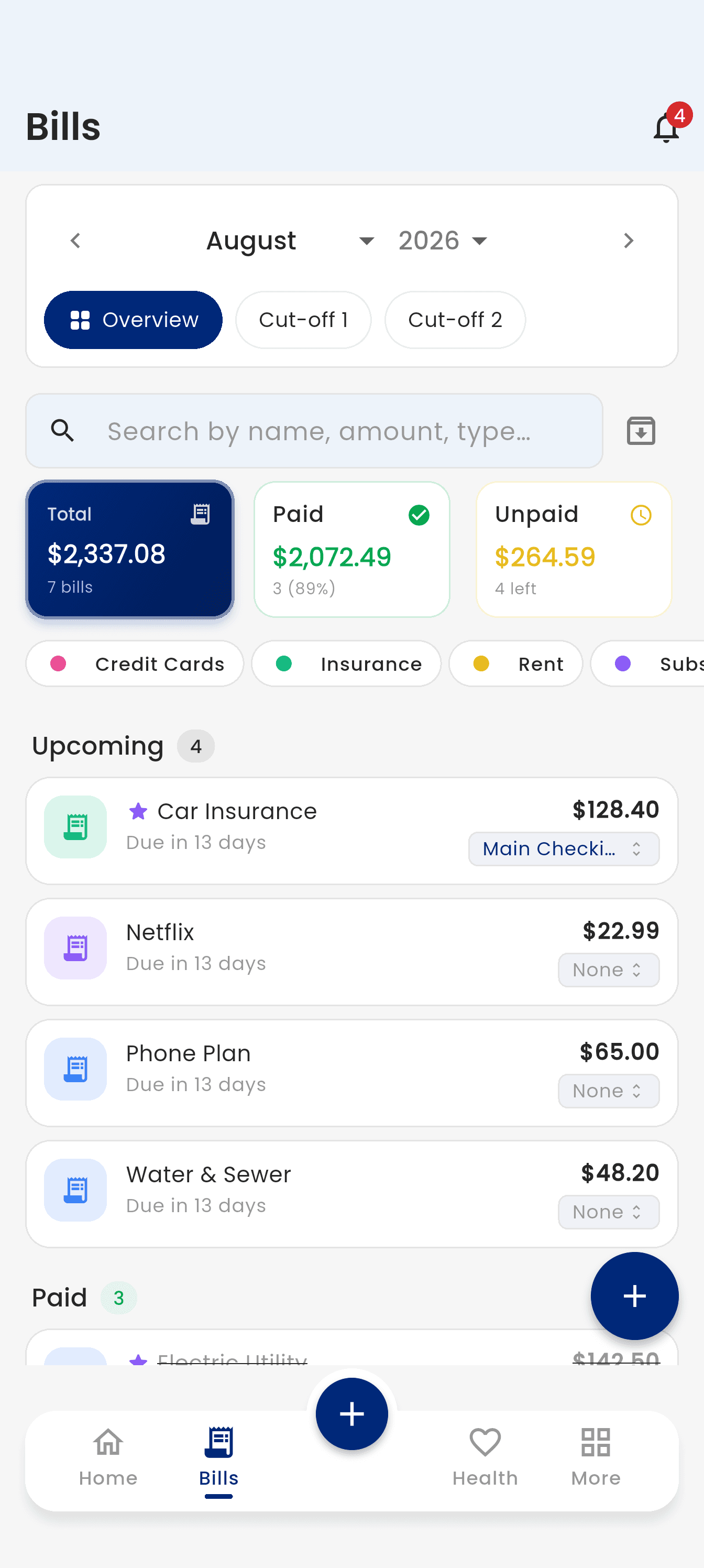 The Budge bills screen with total, paid and unpaid summaries, category filters, and each bill by due date