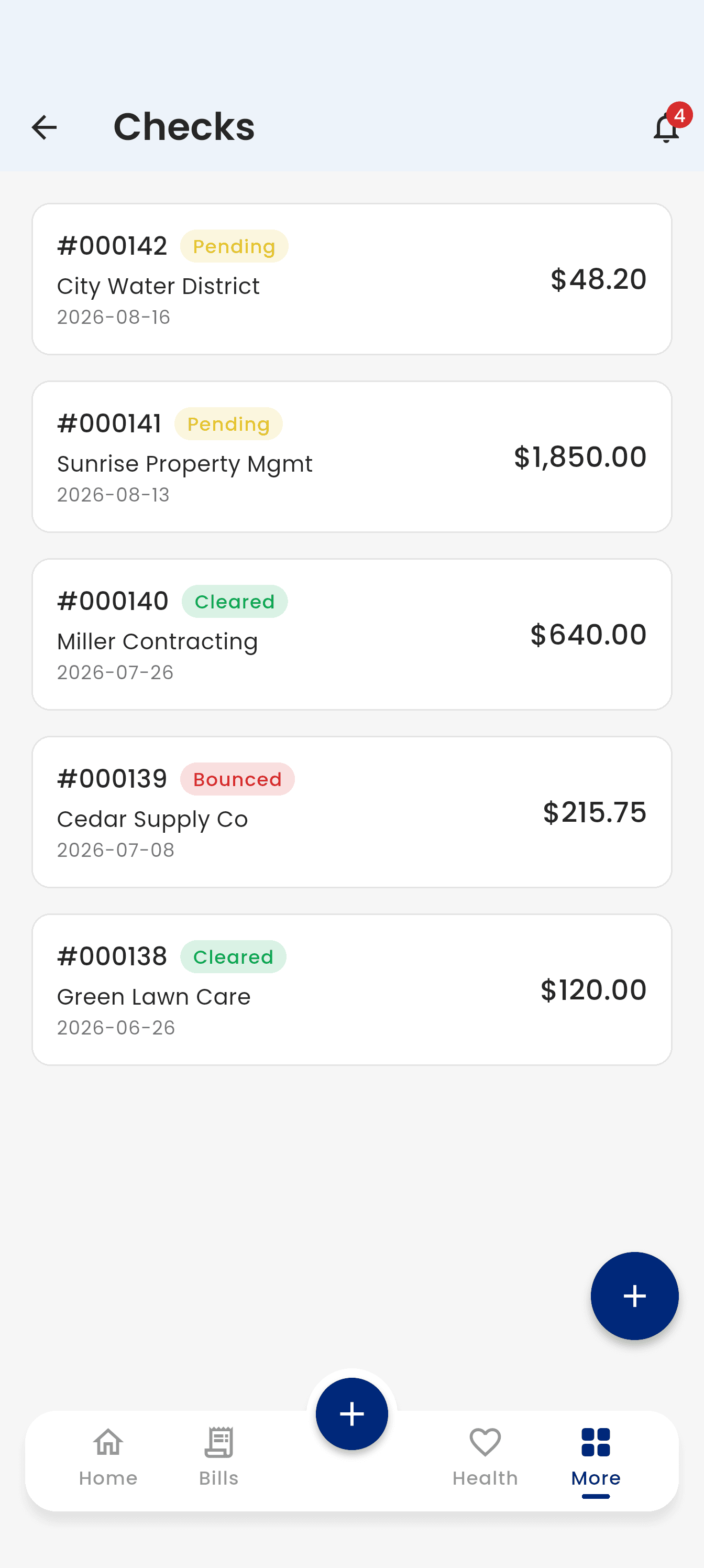 The Budge checks screen listing checks by number with pending, cleared, and bounced status