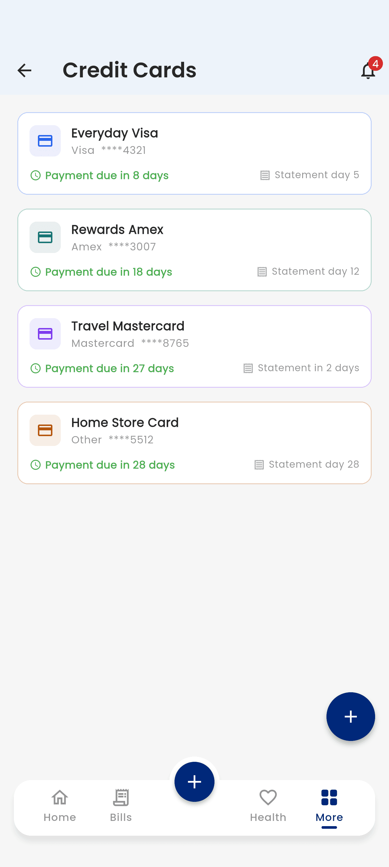 The Budge credit cards screen showing each card with its statement day and days until payment is due