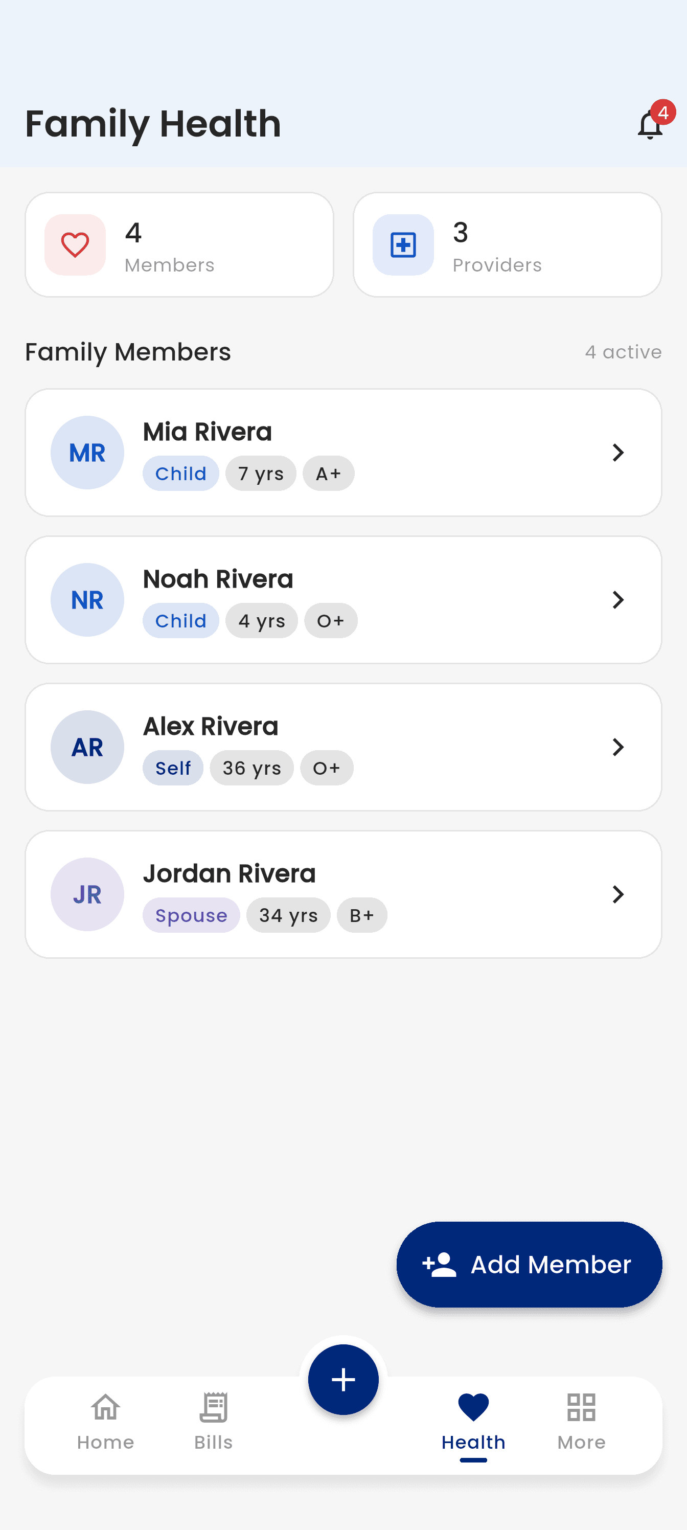 The Budge family health screen listing family members with their age and blood type, and their healthcare providers
