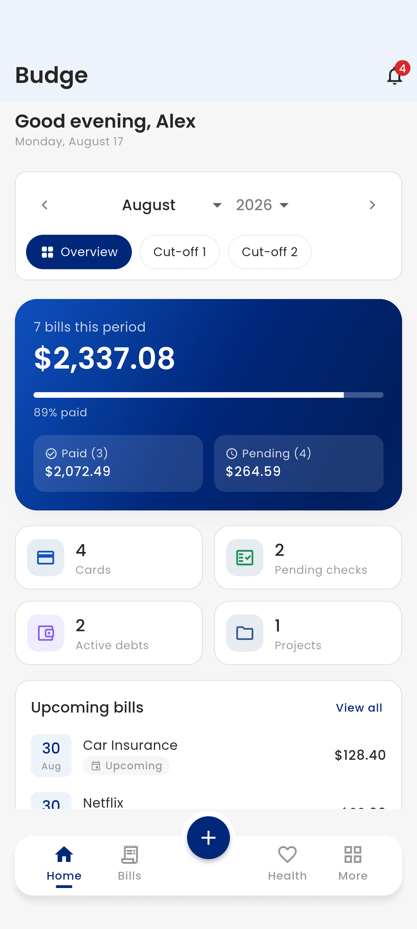 The Budge home screen: total bills for the period, how much is paid, pending totals, and upcoming bills