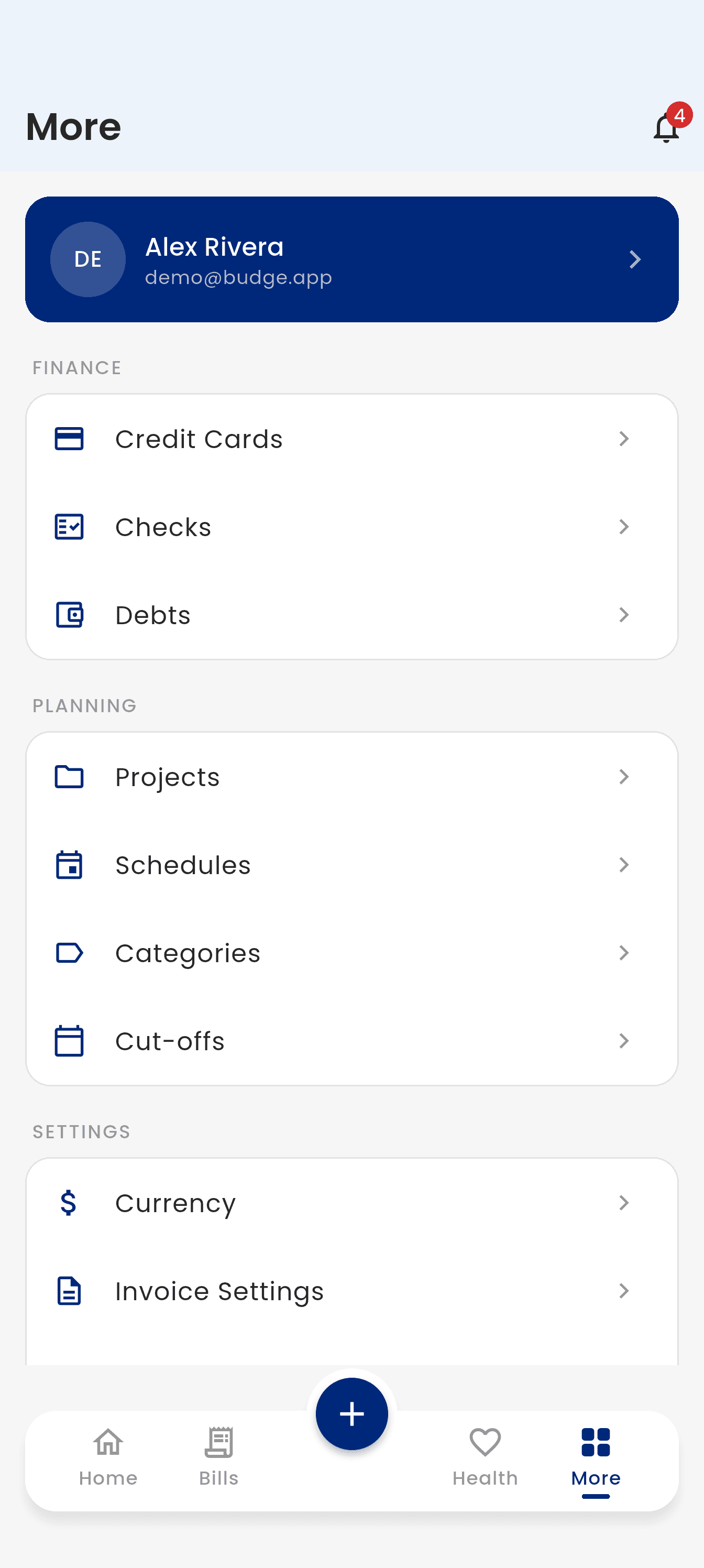 The Budge More screen grouping finance, planning, and settings shortcuts under the account card