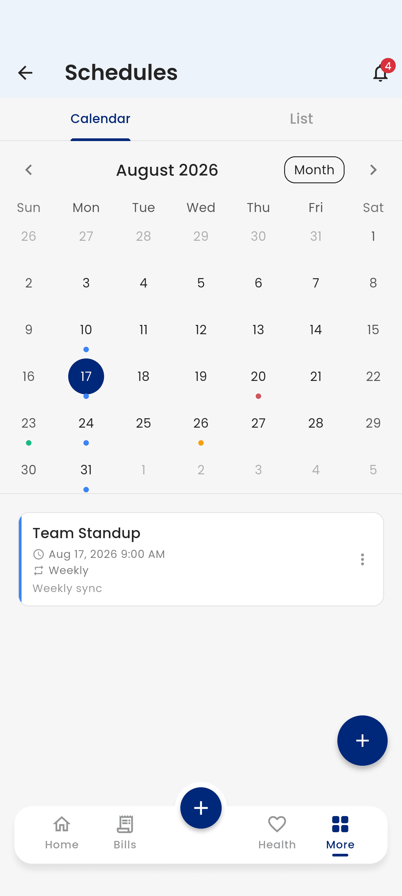 The Budge schedules screen showing a month calendar with marked days and the events for the selected day